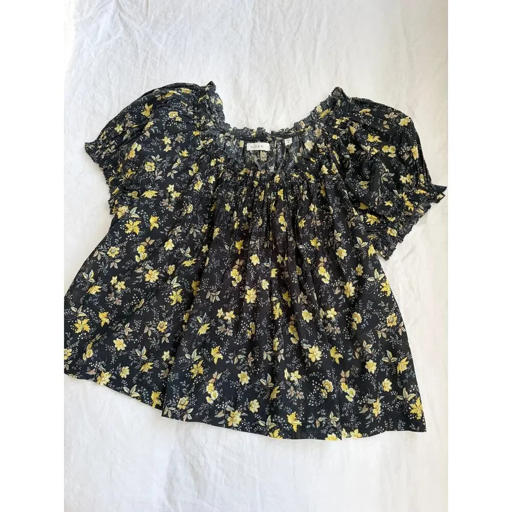 Doen Frederica Cotton Floral Puff Short Sleeve Blouse Top Winding Blossom